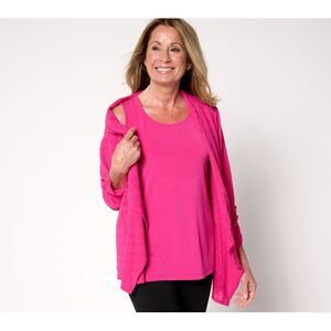 Susan Graver Women's Top Sweater Sz XS Textured Woven Cardigan & Pink A689877